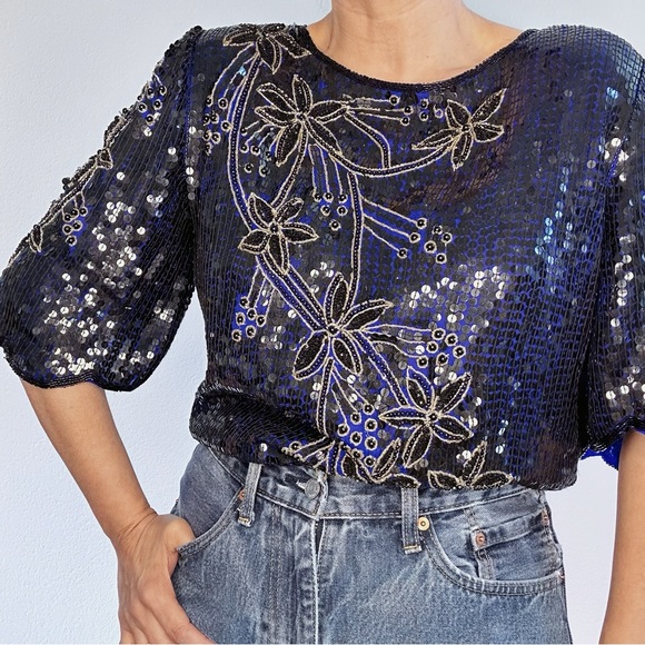 Vintage Scala Pure Silk and Sequin and Beaded Blouse - Picture 3 of 7